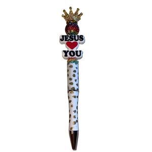 Jesus loves you heart Christian crown beaded writing pen handmade spots animal p